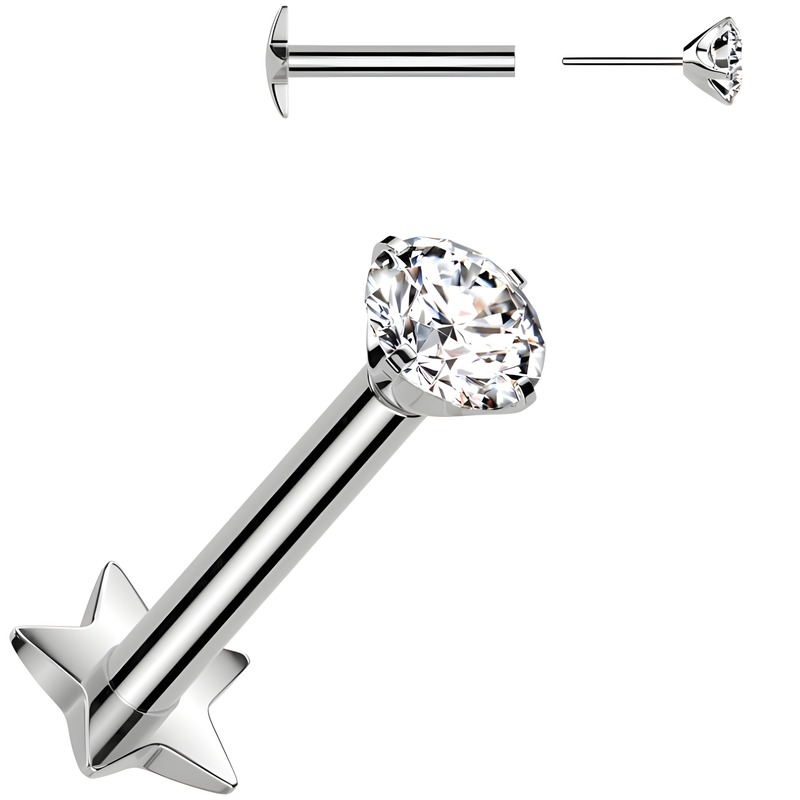 Medical Grade Titanium Flat Back Earring 18G 3mm CZ Reversible Star