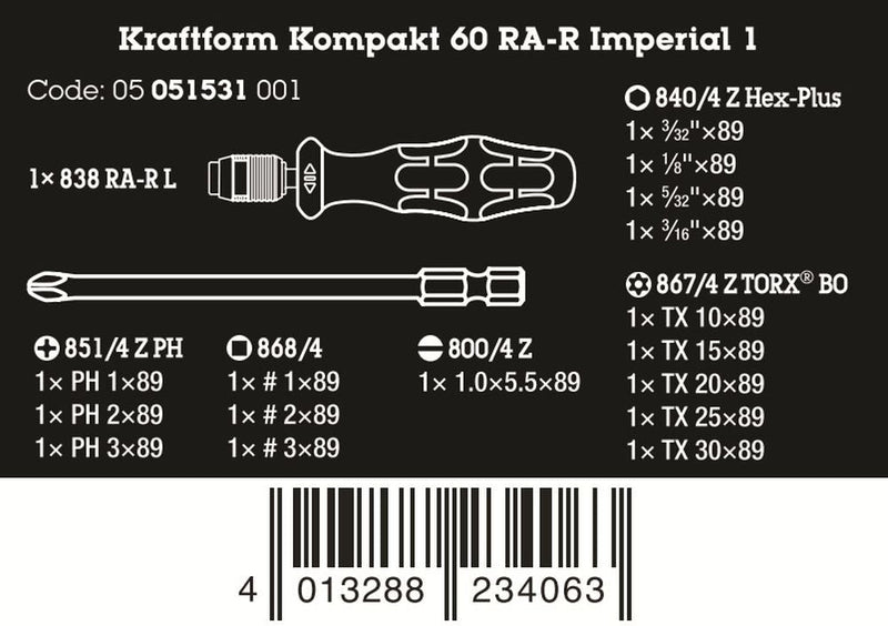 Wera Kraftform Kompakt 60 RA-R Imperial 1 Ratcheting Screwdriver Set 05051531001