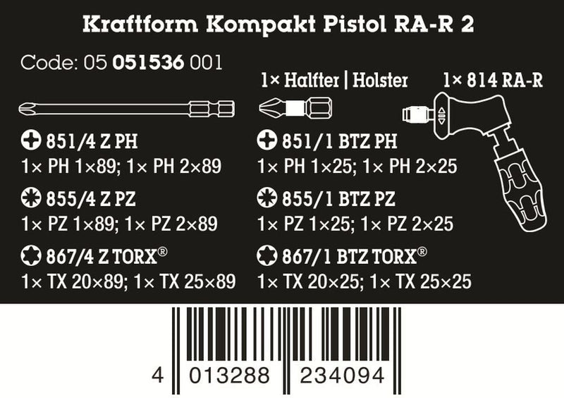 Wera Kraftform Kompakt Pistol RA-R 2 Ratcheting Screwdriver Set 05051536001