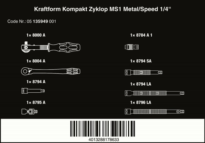 Wera Kraftform Kompakt Zyklop MS1 Metal Speed Socket Wrench Set 1/4" 05135949001