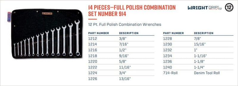 Wright Tool WRIGHTGRIP® 2.0 12 Point Combination Wrench Set 14 Piece SAE 914