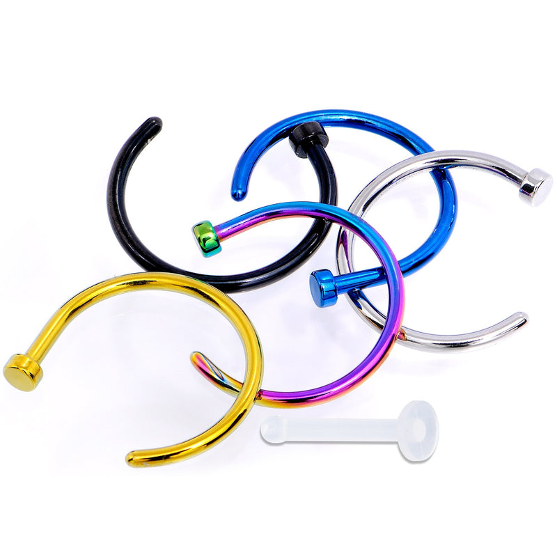 18G 3/8 Pack Set of 5 Assorted Stainless Steel Nose Hoop Rings
